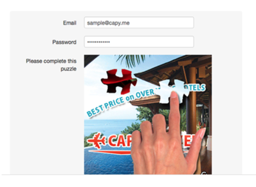 Copy の画面キャプチャ。メールアドレスとパスワードに加え、ジグゾーパズルのピースをはめるようになっている。