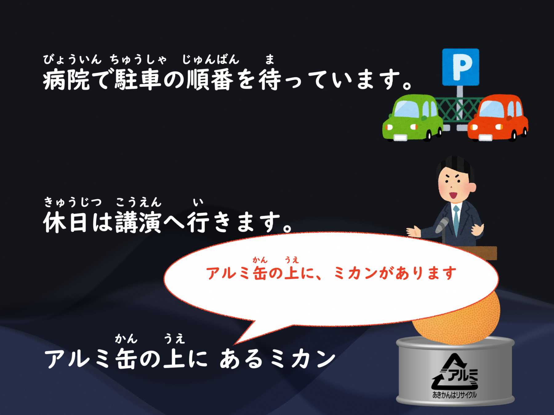 病院で駐車(車を止める)の順番を待っています。休日は講演(講演会などの講演)へ行きます。アルミ缶の上に あるミカン(果物のみかんがあります)。