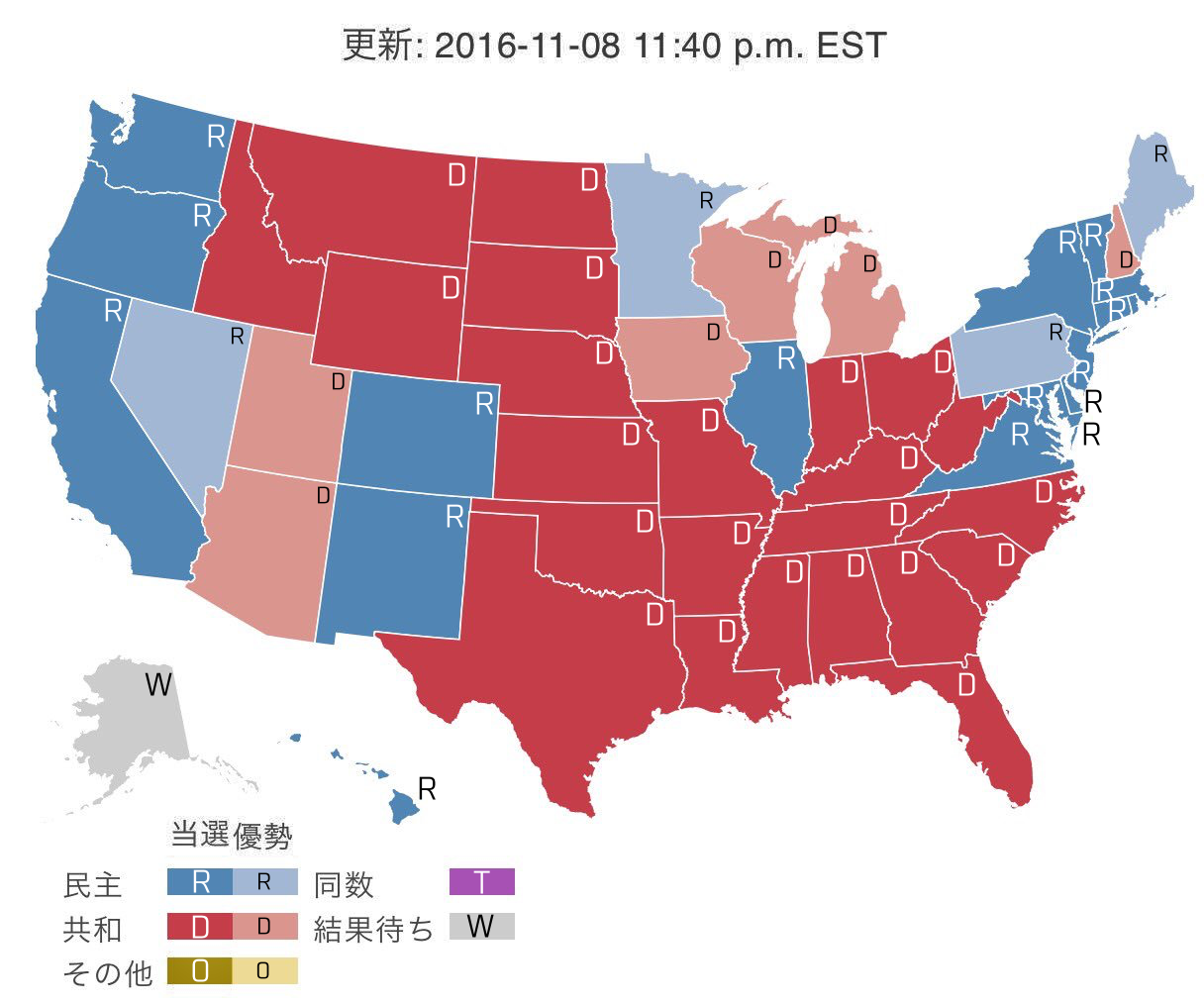 色に加えて文字を追加した大統領選挙速報地図